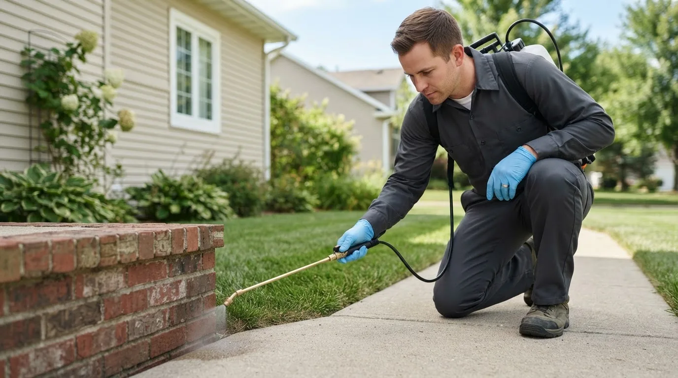 Pest control technician treating a home near La Center, KY